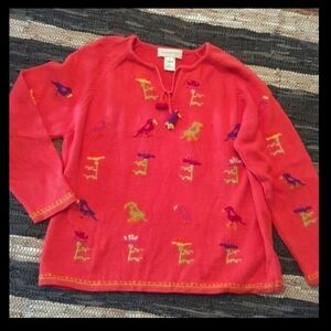 Vtg. Birds & flowers embroidered Southwestern ramie pullover coral sweater sz XL